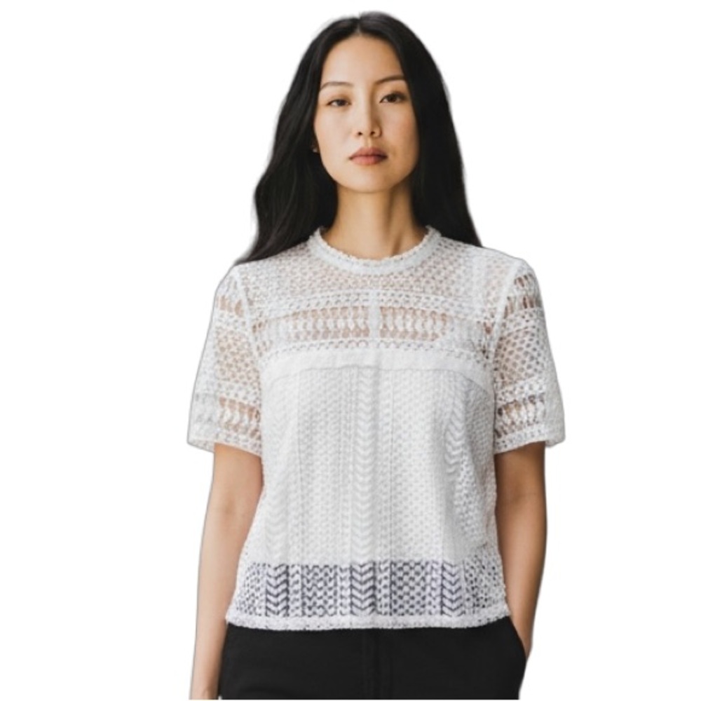Aqua White Pointelle Lace Short Sleeve Top Size Small